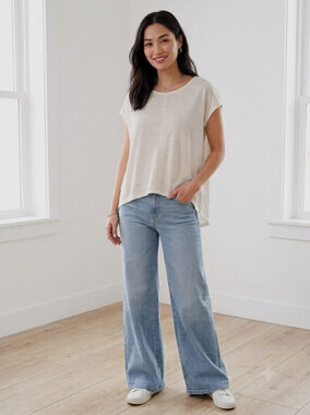 Eileen Fisher 100% Linen Knit Top M Relaxed Fit Resortwear Lightweight Ivory SS